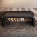 Modern Scandinavian shoe bench with PU leather seat, 1-tier shoe storage shelf, metal frame and side pocket for entryway, hallway, mudroom and bedroom