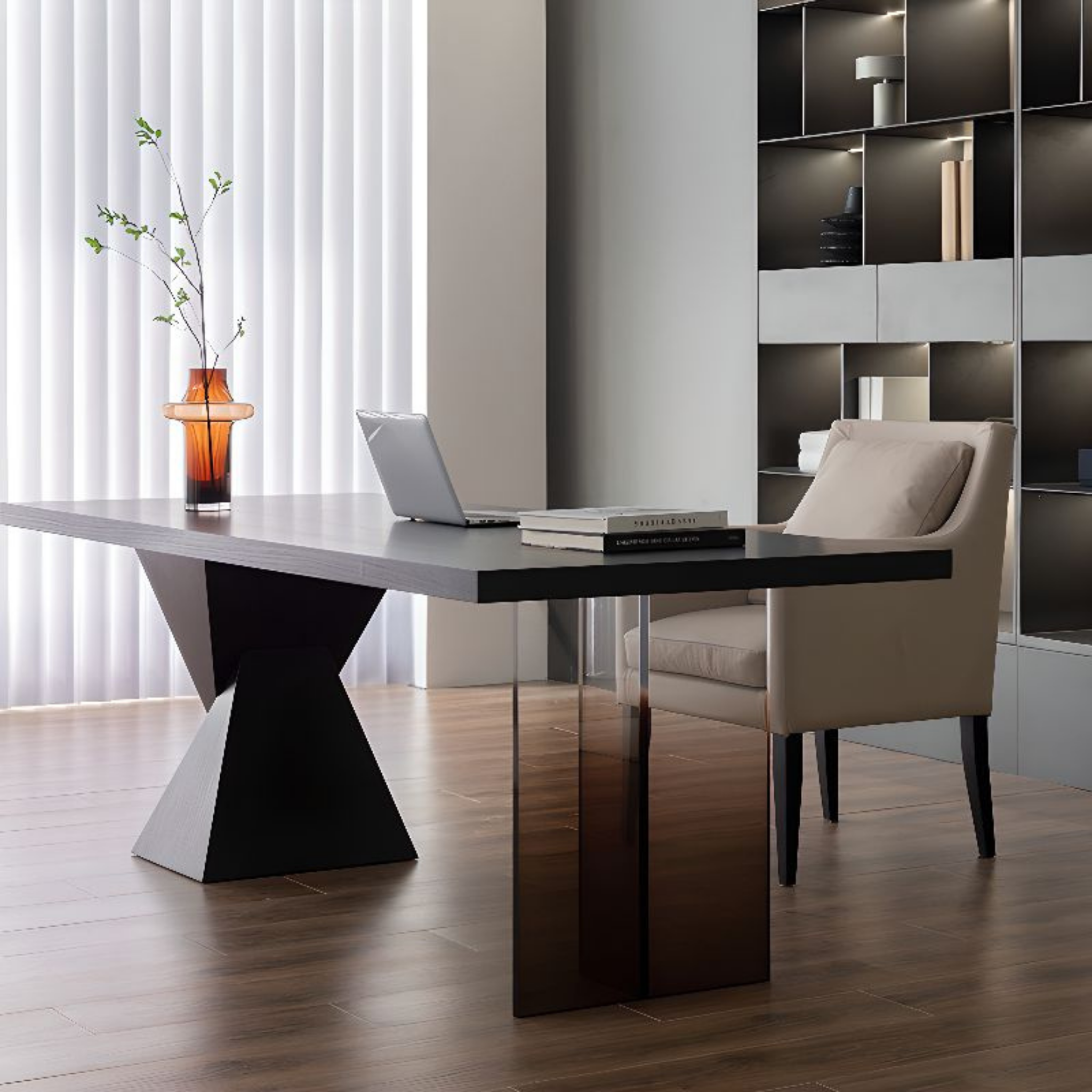 Modern oak and acrylic desk with built-in Smart Socket, wireless charging and power outlet, minimalist workspace desk for home office and bedroom