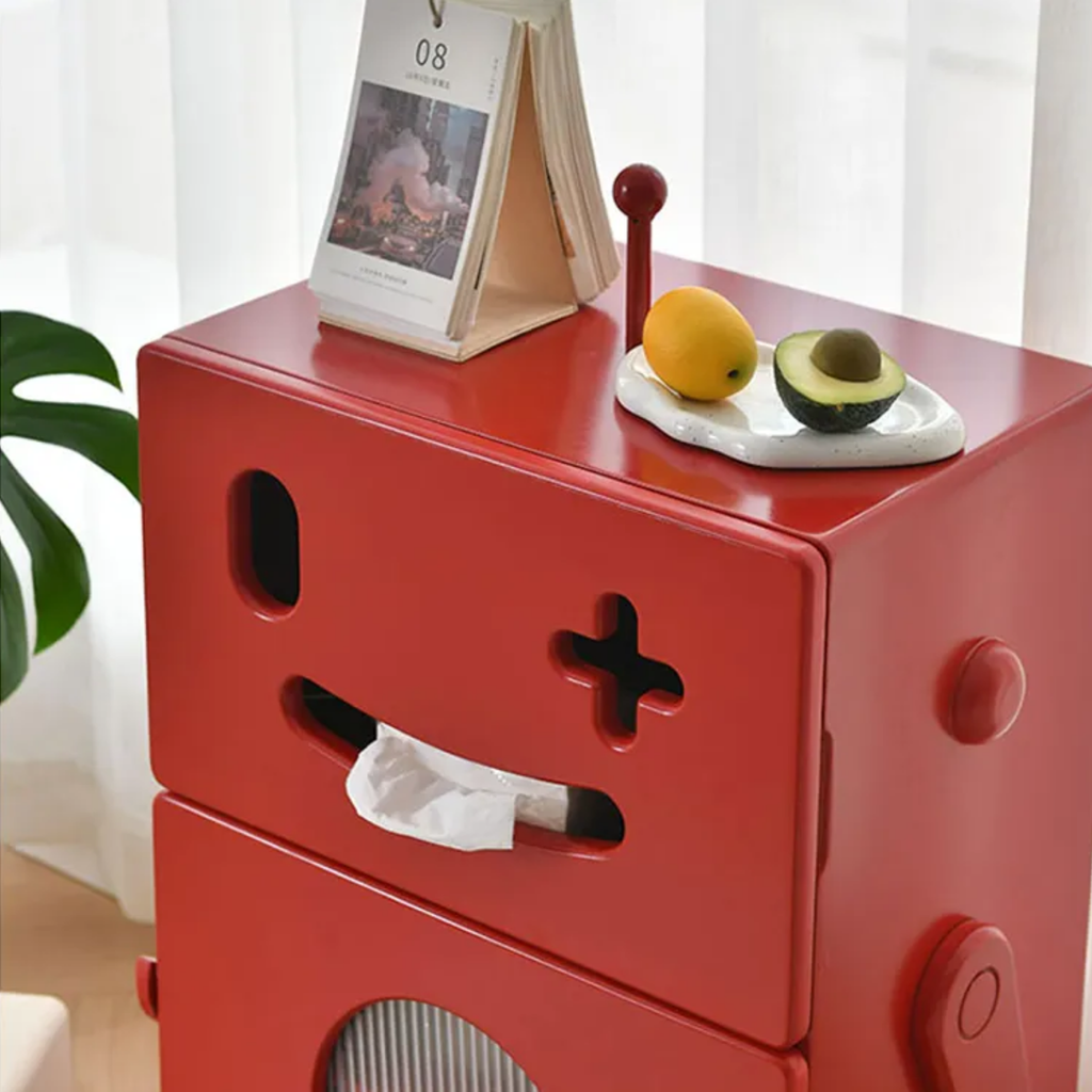 Creative robot side table with 2-tier storage, built-in tissue holder, mobile wheels, MDF construction and modern accent design for living room and sofa
