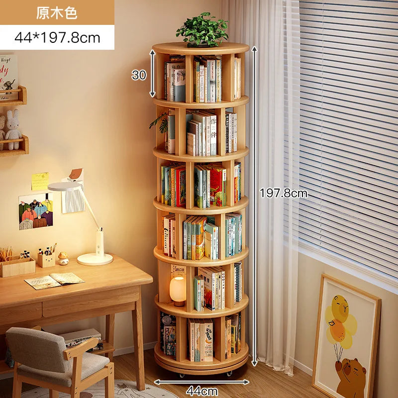 Solid Wood Rotating Bookshelf 360 Degree Floor-Standing Bookcase Storage Rack Movable Corner Children'S Small Narrow Cabinet