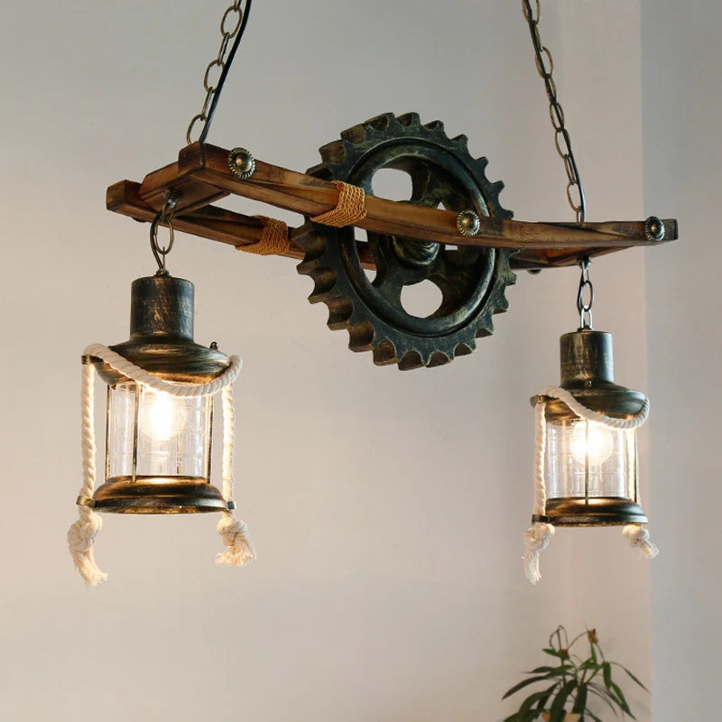 Double Headed Restaurant Vintage Chandelier Retro Cafe Bar Wooden Loft Pendant Lamp Creativity Gear Glass Pendant Light