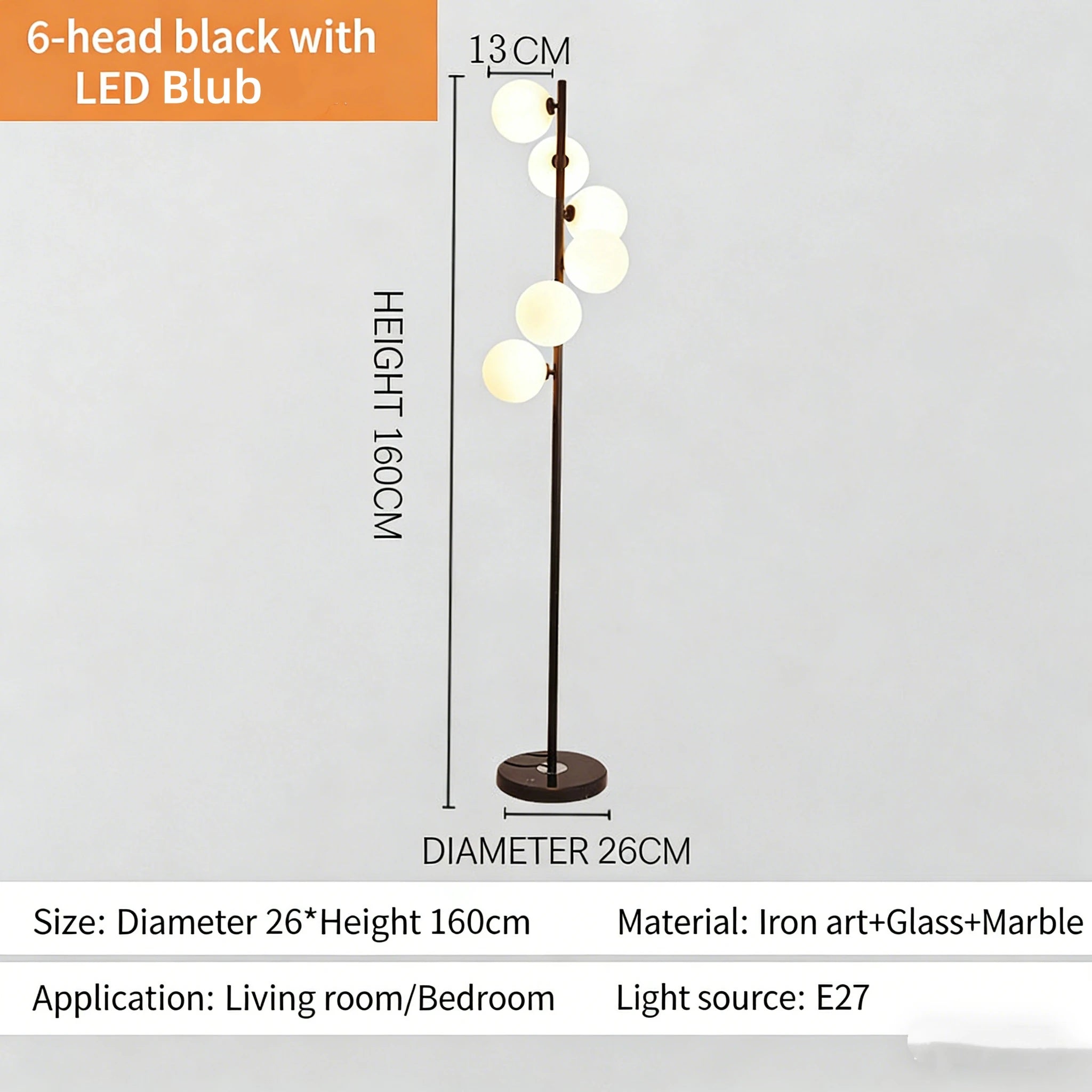 Glass Ball Luxury Floor Lamp Nordic Gold Black Floor Lamp Living Room Bedroom Sofa Modern Home Decor Marble Stand E27 Floor Lamp