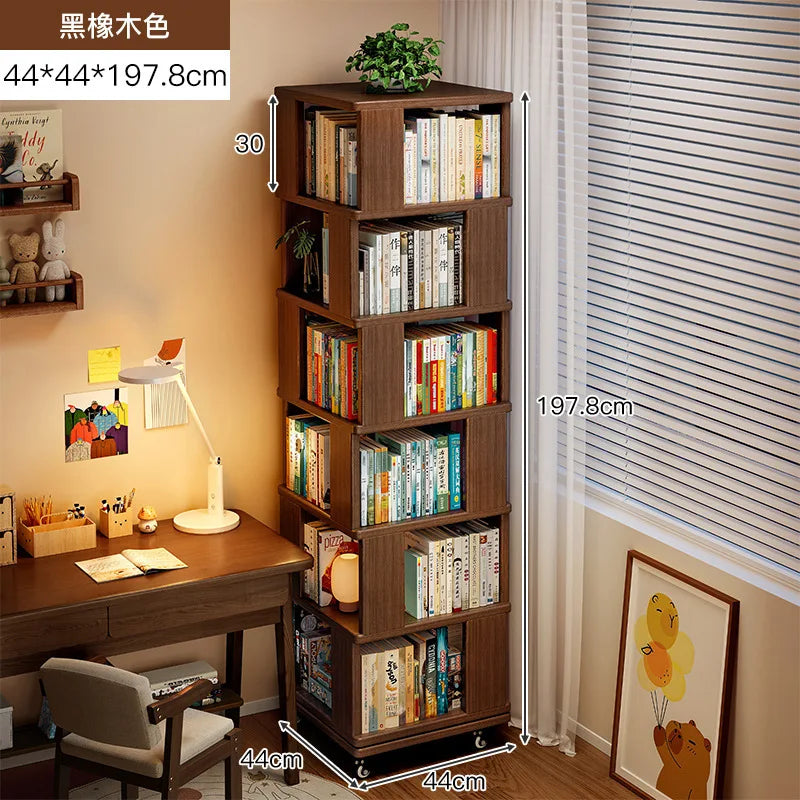Solid Wood Rotating Bookshelf 360 Degree Floor-Standing Bookcase Storage Rack Movable Corner Children'S Small Narrow Cabinet