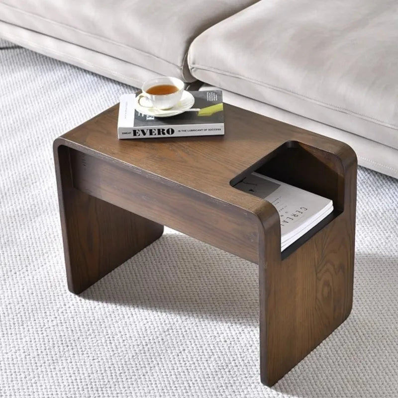 MOMO Nordic Solid Wood C-Shaped Sofa Side Table Wabi-Sabi Style Danish Designer Magazine Holder Modern Small Cabinet