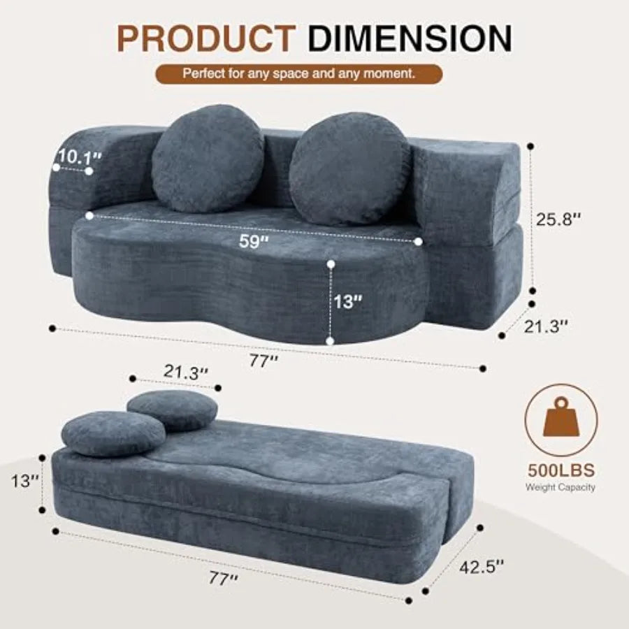 77" Convertible Folding Sofa Bed with 2 Pillows, Full Size Sleeper Boneless Futon Sofa, Loveseat Floor Couch Memory Foam, 2-In-
