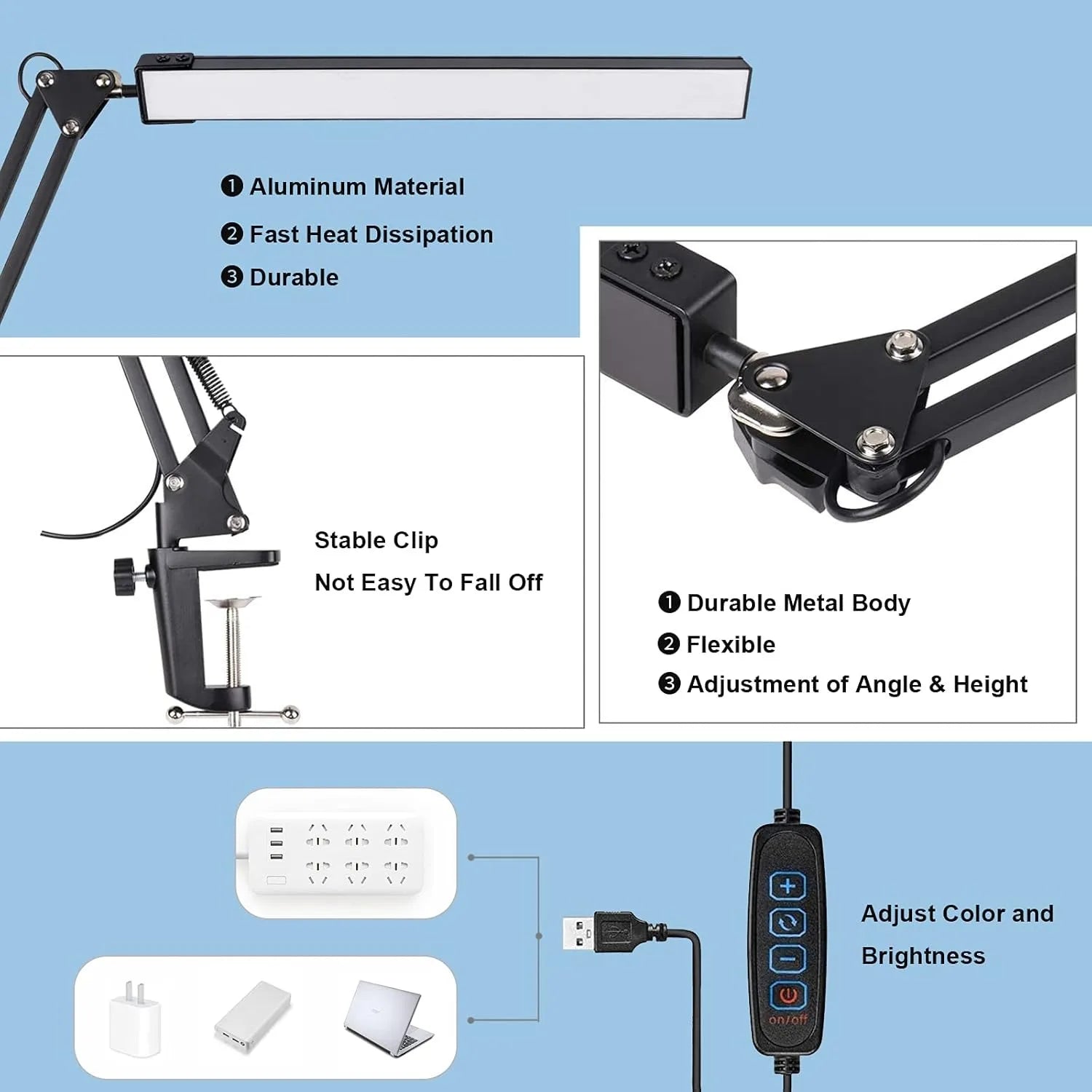LED Folding Metal Desk Lamp Clip on Light Clamp Long Arm Diming Table Lamp 3 Colors Adjustable for Living Room Reading Computers