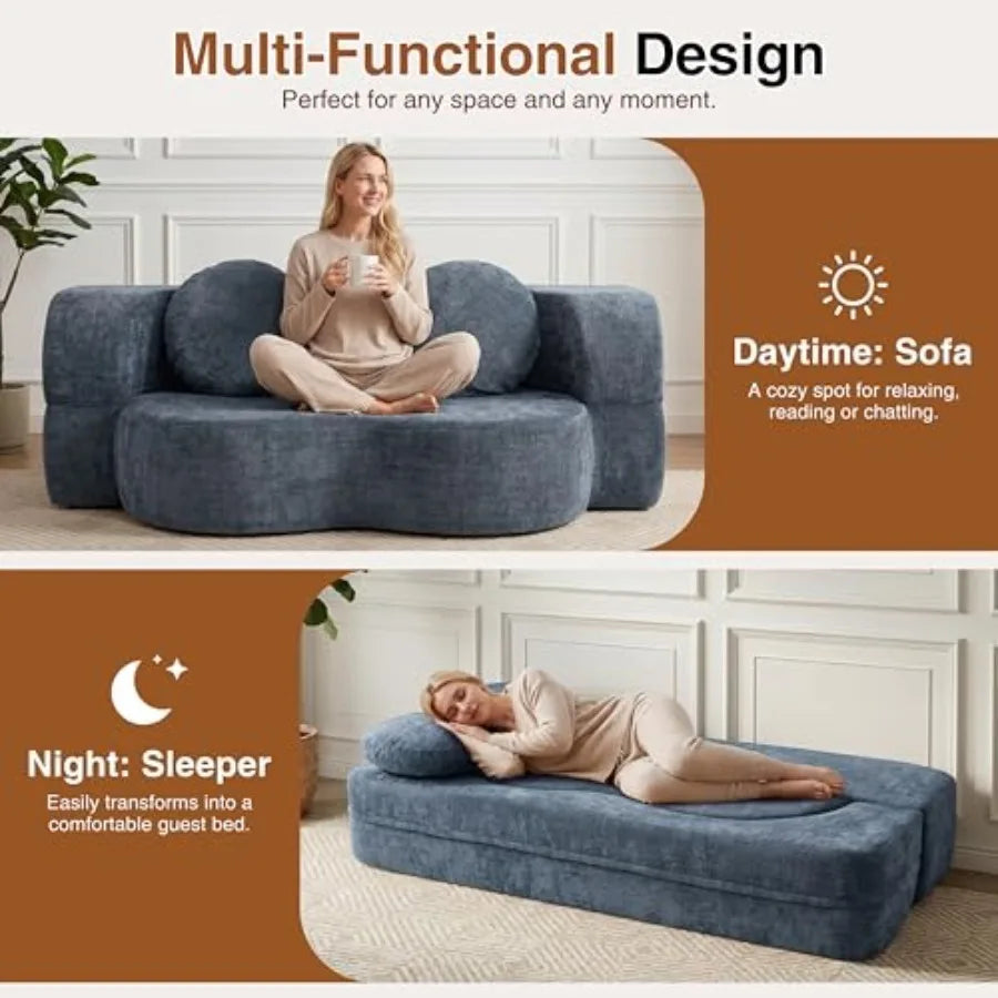 77" Convertible Folding Sofa Bed with 2 Pillows, Full Size Sleeper Boneless Futon Sofa, Loveseat Floor Couch Memory Foam, 2-In-