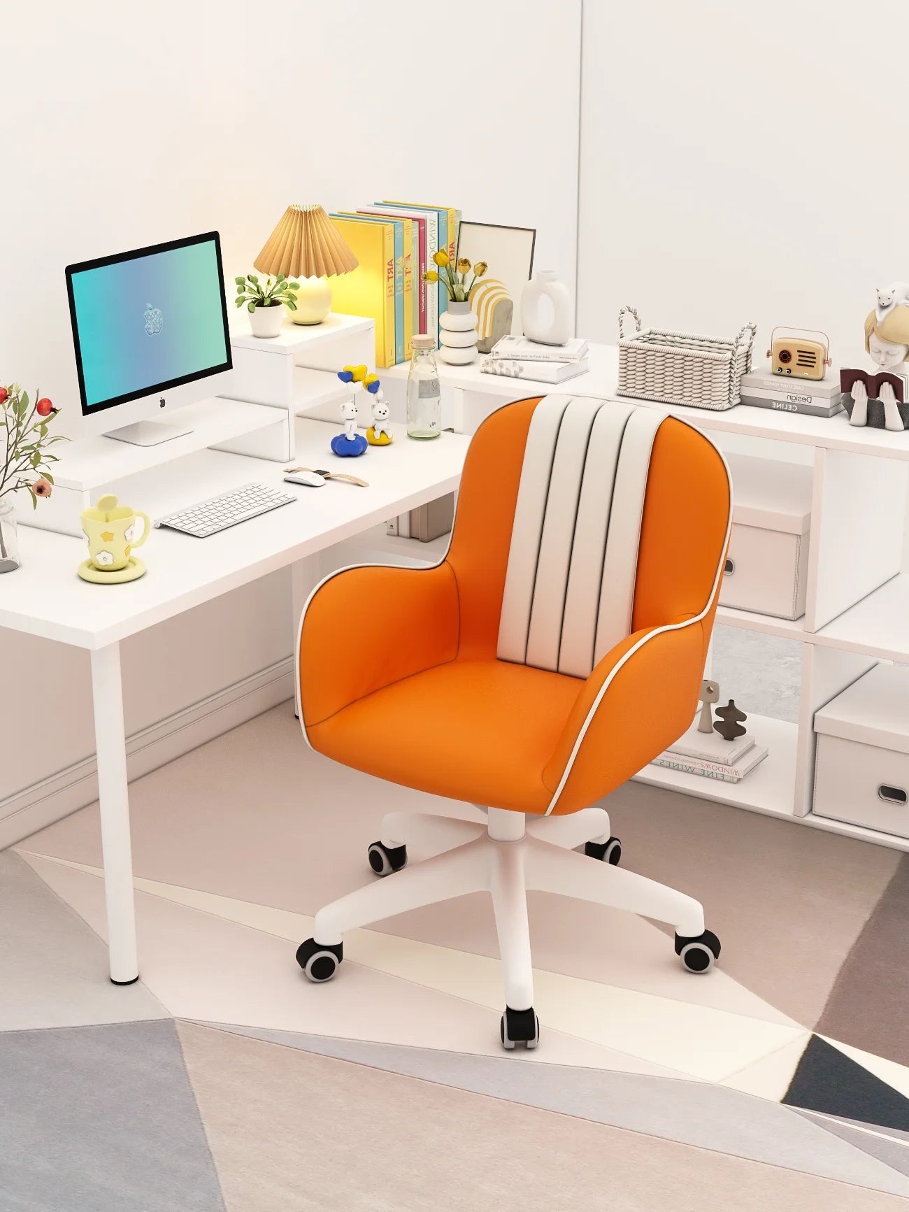 Simple Modern Computer Chair Latex Cushion Seat 360° Rotation Study Office Chair Bedroom Makeup Chair White Steel Legs