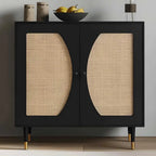 Black Sideboard Cabinet with Rattan Decor Doors, Buffet Table with Storage