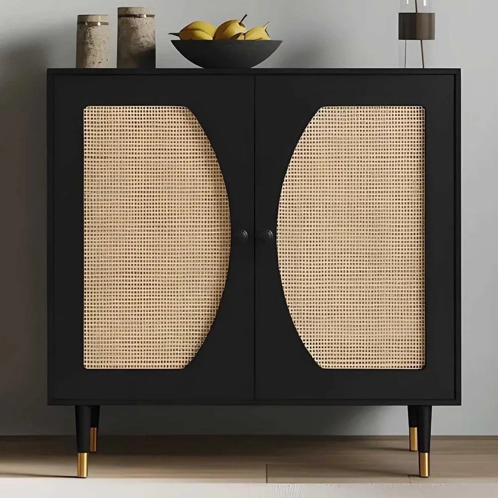 Black Sideboard Cabinet with Rattan Decor Doors, Buffet Table with Storage