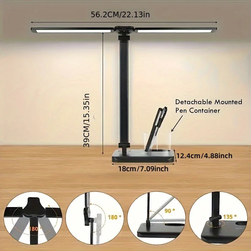 Dual Swing-Arm Table Lamp LED Desk Lamp Dimmable Adjustable Reading Light for Home Office, Bedroom, Study, and Craft