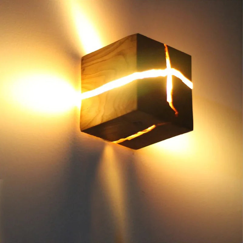 Entrance Background Decoration Cracked Wood Grain Wall Lamp Creative Square Nordic Solid Wood Wall Bedside Lamp
