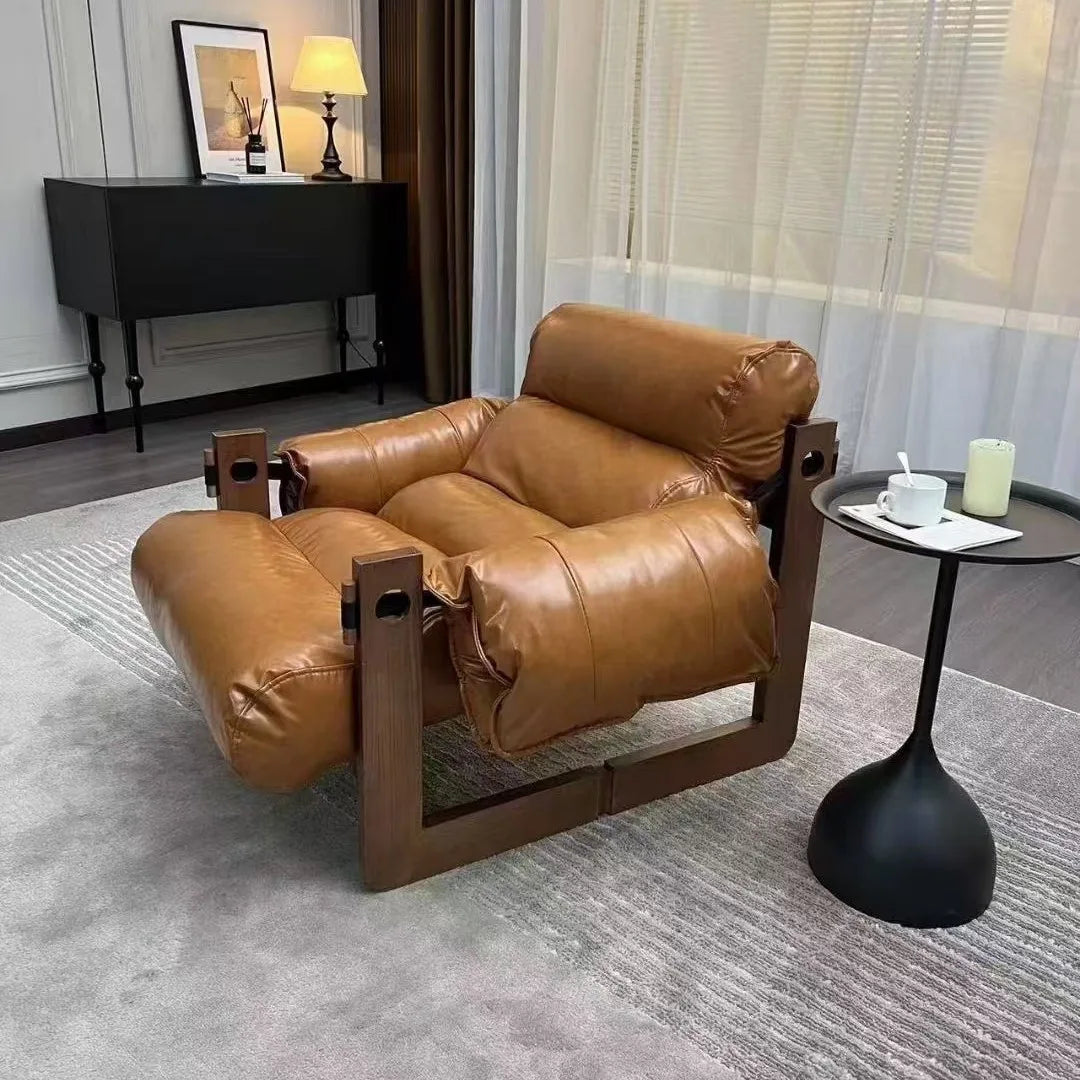 Solid Wood Frame Jersey Island Chair, Vintage Leather Single Sofa, Living Room Antique Leather Sofa, Casual Lazy Sofa