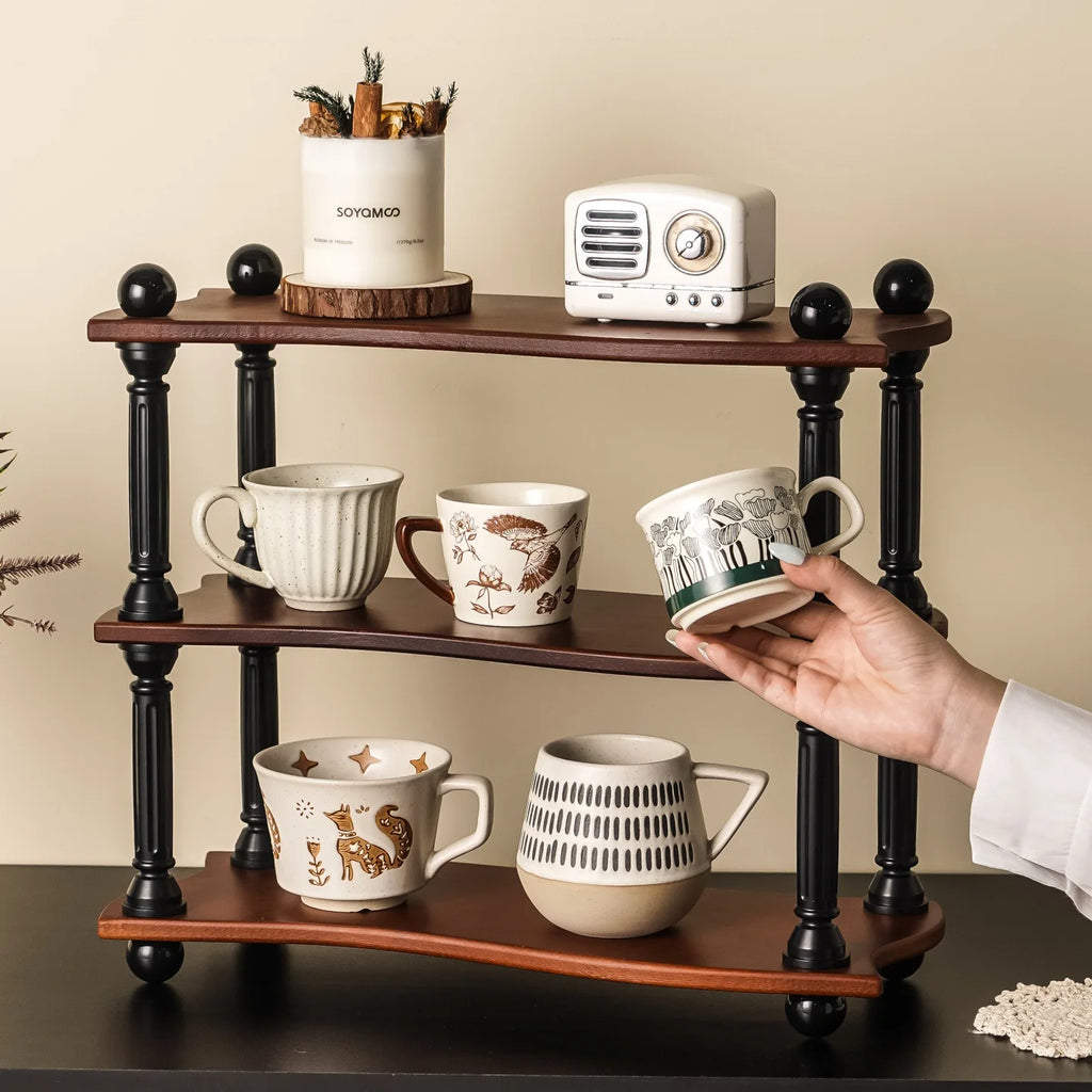 Three-Layer High-Value Desktop Retro Cup Holder with a Medieval Style Solid Wood Shelf