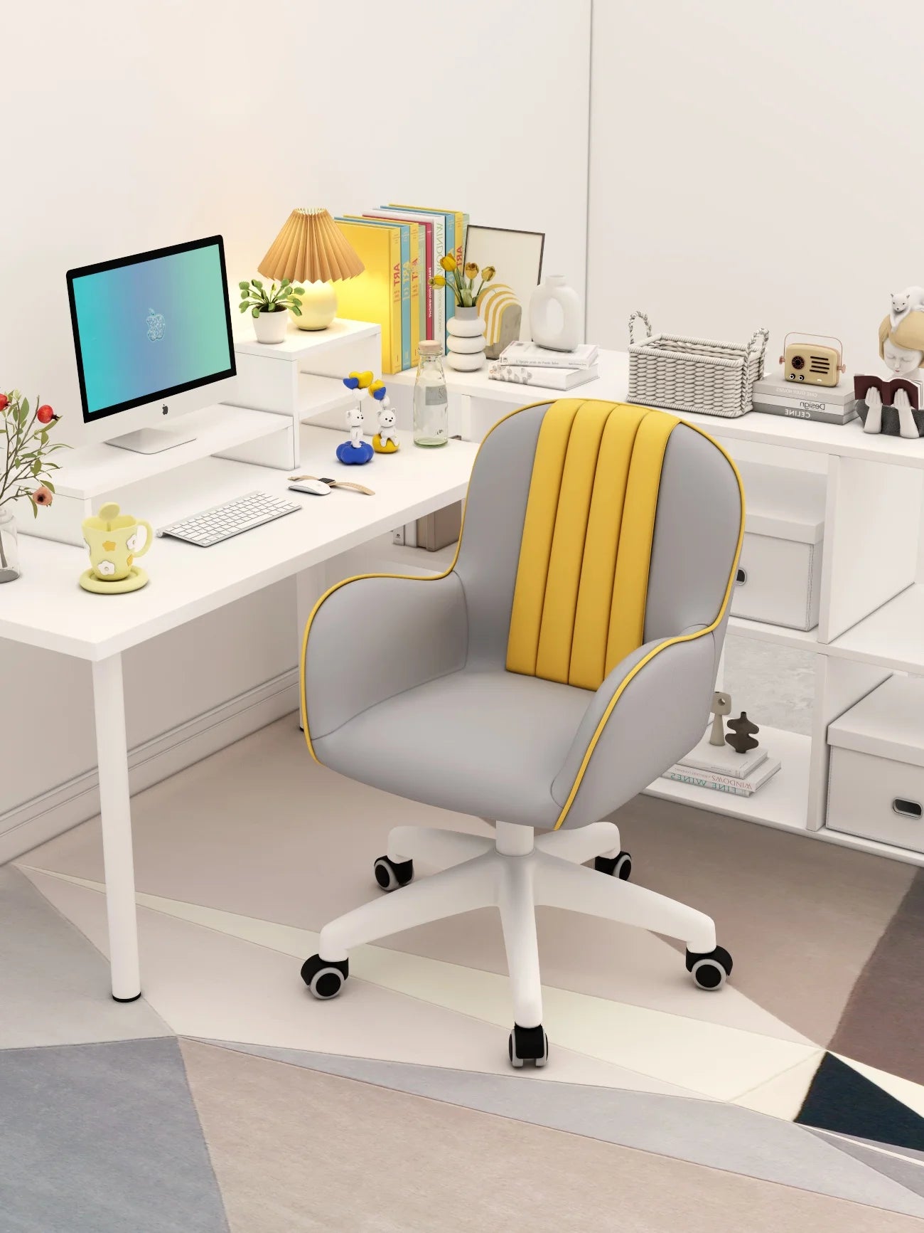 Simple Modern Computer Chair Latex Cushion Seat 360° Rotation Study Office Chair Bedroom Makeup Chair White Steel Legs