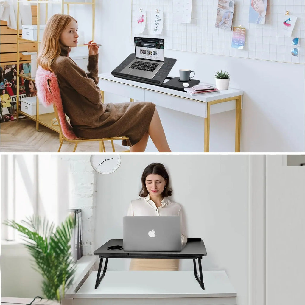 Work/Study in Bed Comfortably Adjustable & Foldable Lap Desk with Cup Holder, Ventilated Design Prevents Overheating.