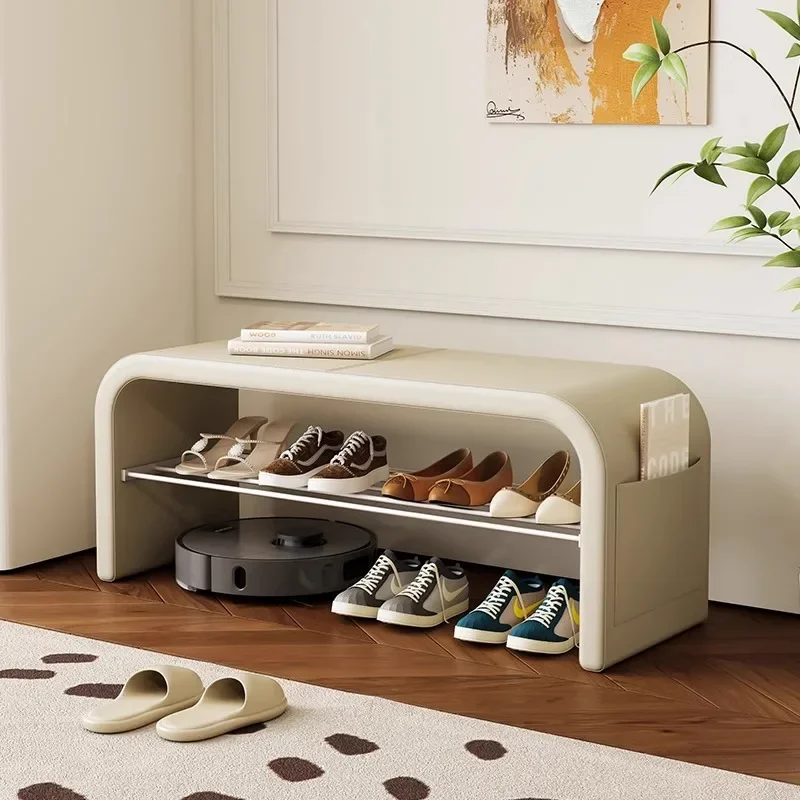 Modern Scandinavian shoe bench with PU leather seat, 1-tier shoe storage shelf, metal frame and side pocket for entryway, hallway, mudroom and bedroom