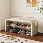 Modern Scandinavian shoe bench with PU leather seat, 1-tier shoe storage shelf, metal frame and side pocket for entryway, hallway, mudroom and bedroom