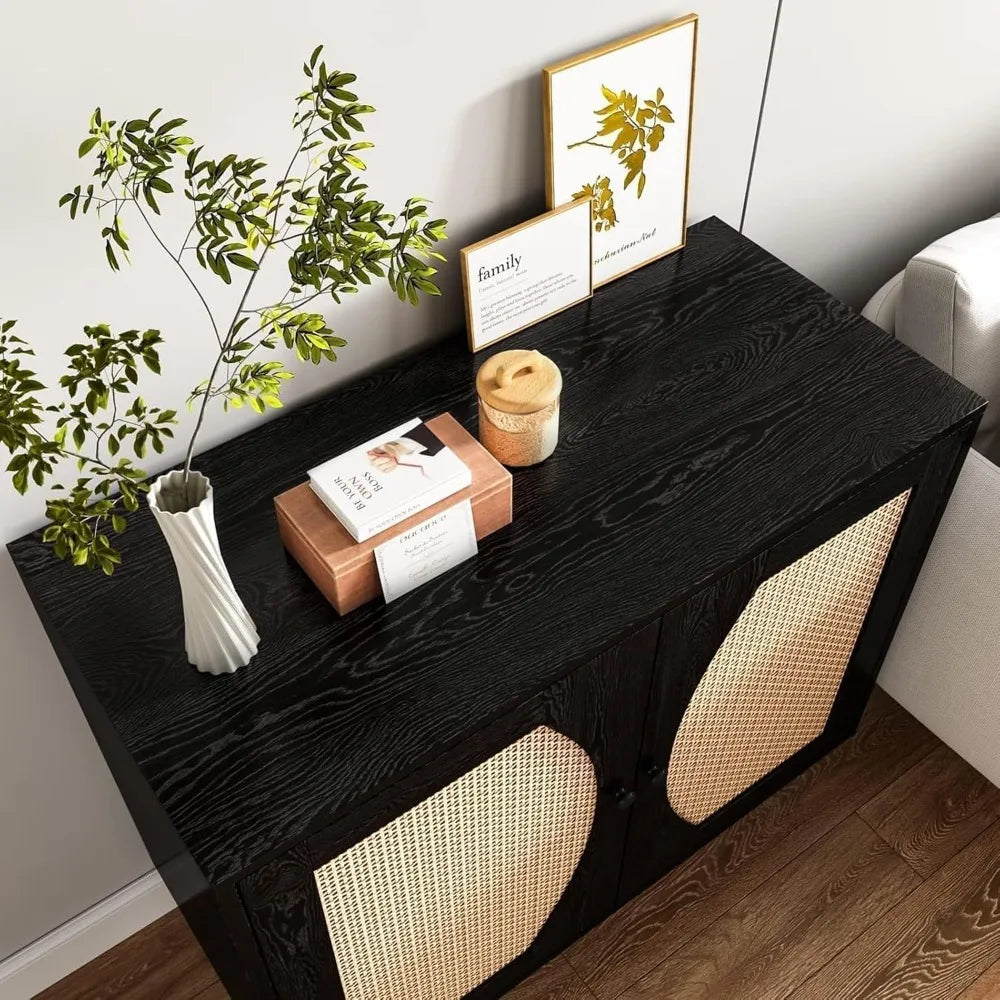 Black Sideboard Cabinet with Rattan Decor Doors, Buffet Table with Storage