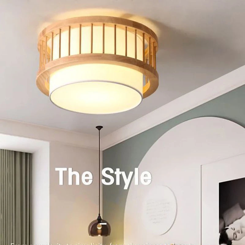 Nordic round Solid Wood Ceiling Lights Fabric Lampshade Living Room Bedroom Ceiling Lamp for Restaurant Study Homestay Indoor