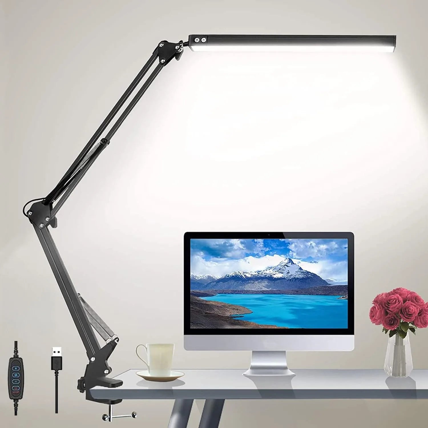 LED Folding Metal Desk Lamp Clip on Light Clamp Long Arm Diming Table Lamp 3 Colors Adjustable for Living Room Reading Computers