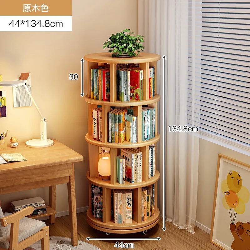 Solid Wood Rotating Bookshelf 360 Degree Floor-Standing Bookcase Storage Rack Movable Corner Children'S Small Narrow Cabinet