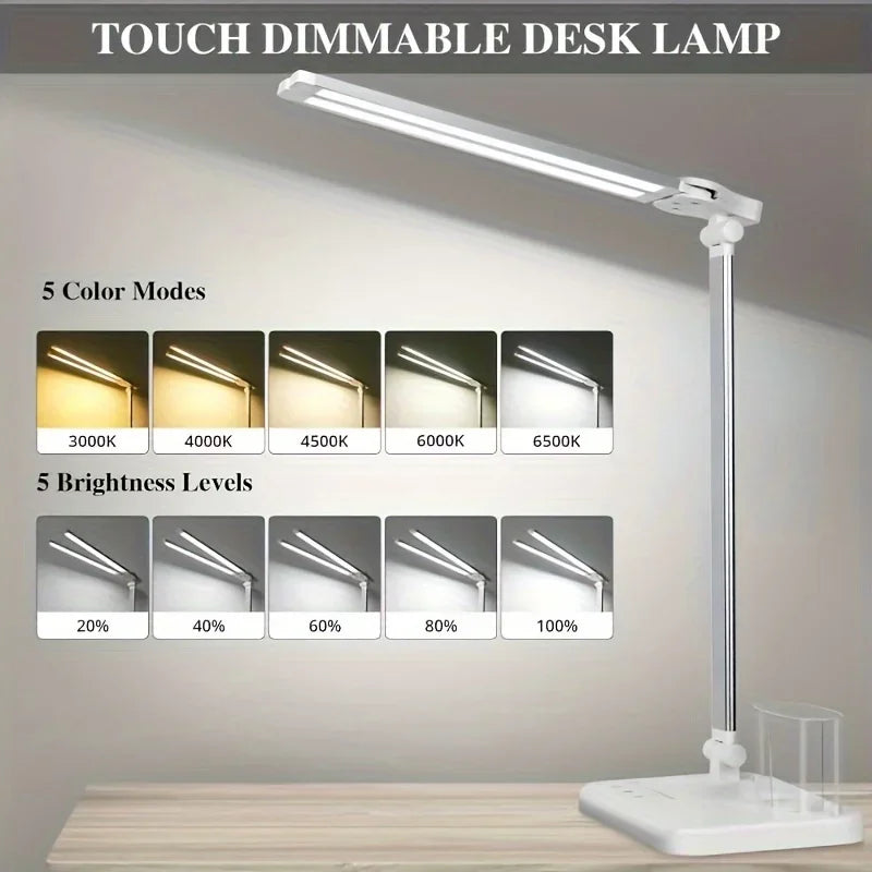 Dual Swing-Arm Table Lamp LED Desk Lamp Dimmable Adjustable Reading Light for Home Office, Bedroom, Study, and Craft