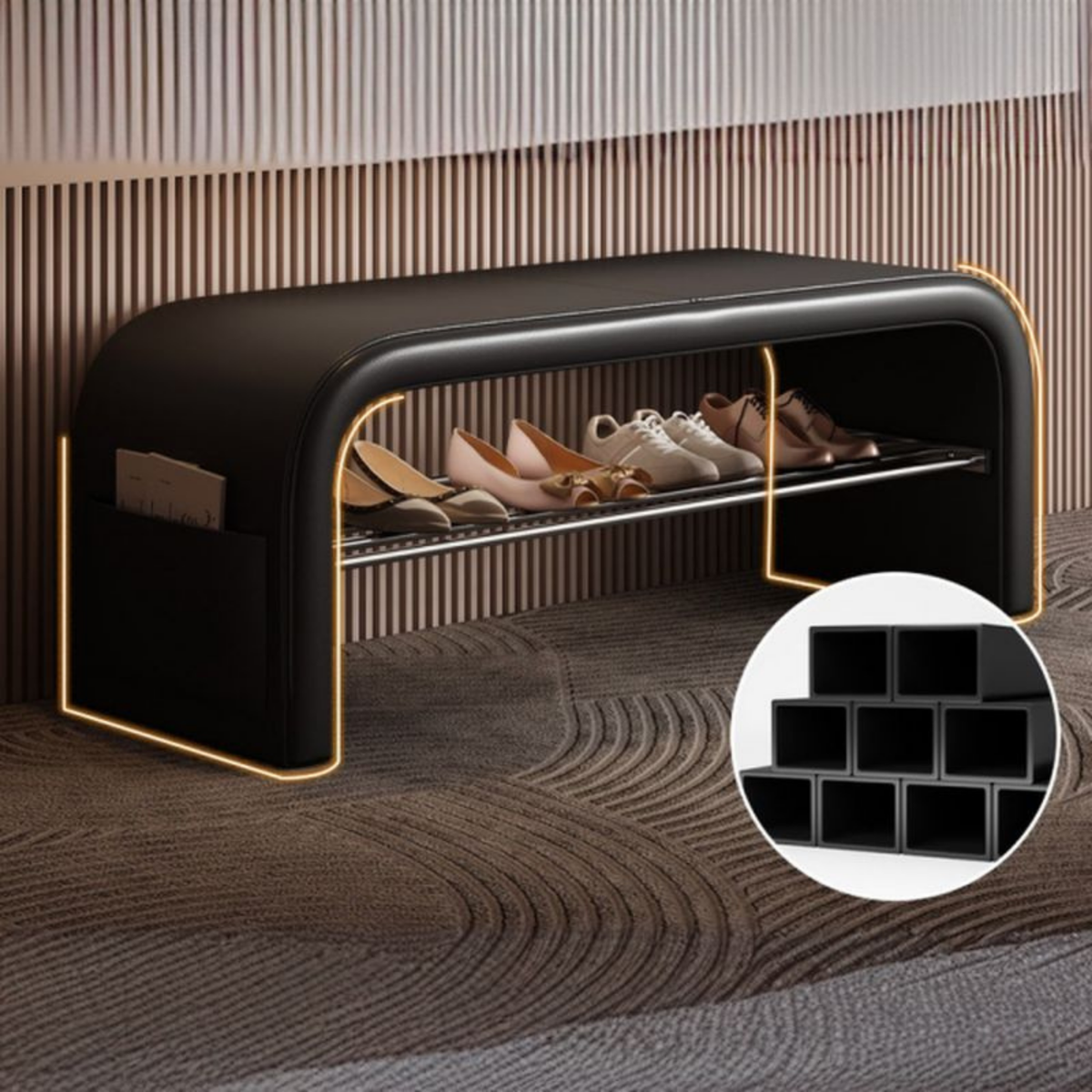 Modern Scandinavian shoe bench with PU leather seat, 1-tier shoe storage shelf, metal frame and side pocket for entryway, hallway, mudroom and bedroom