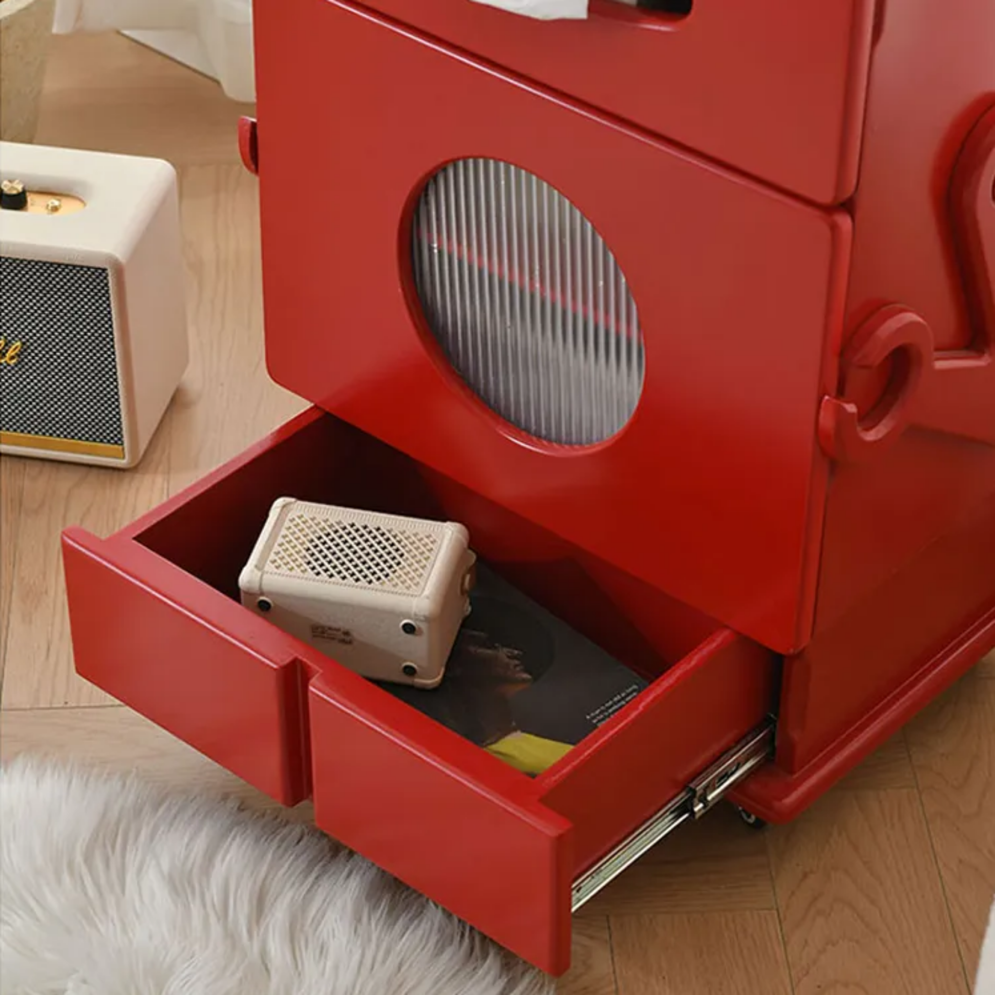 Creative robot side table with 2-tier storage, built-in tissue holder, mobile wheels, MDF construction and modern accent design for living room and sofa