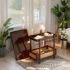 Vintage Bamboo Folding Side Table with Shelf, Rolling Accent Table on Wheels
