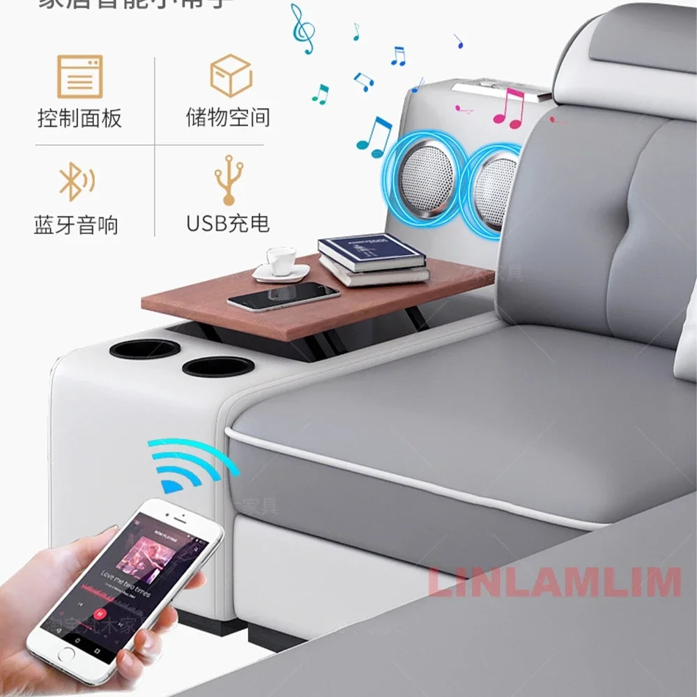 Modern Scientific Fabric Sectional Sofa Set with Chaise Lounge, Bluetooth Speakers, USB Charging Ports for Living Room