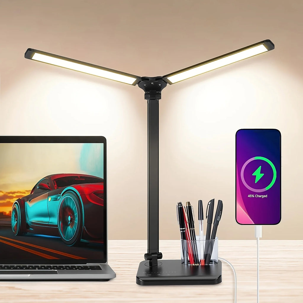 Dual Swing-Arm Table Lamp LED Desk Lamp Dimmable Adjustable Reading Light for Home Office, Bedroom, Study, and Craft