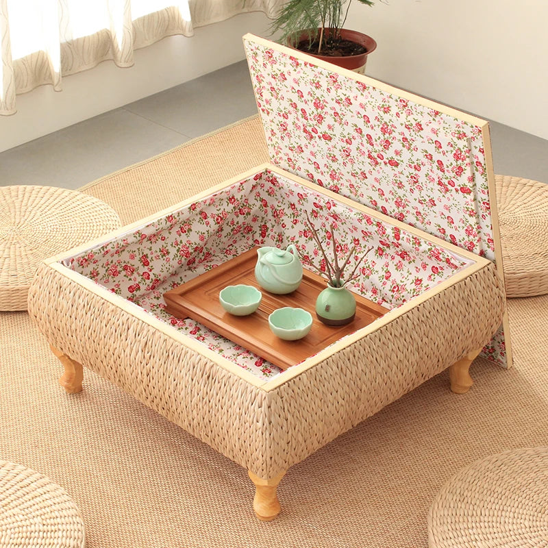 Small Coffee Table with Storage Bamboo and Rattan Tatami Platform Low Table for Living Room Furniture Home Bay Window Balcony