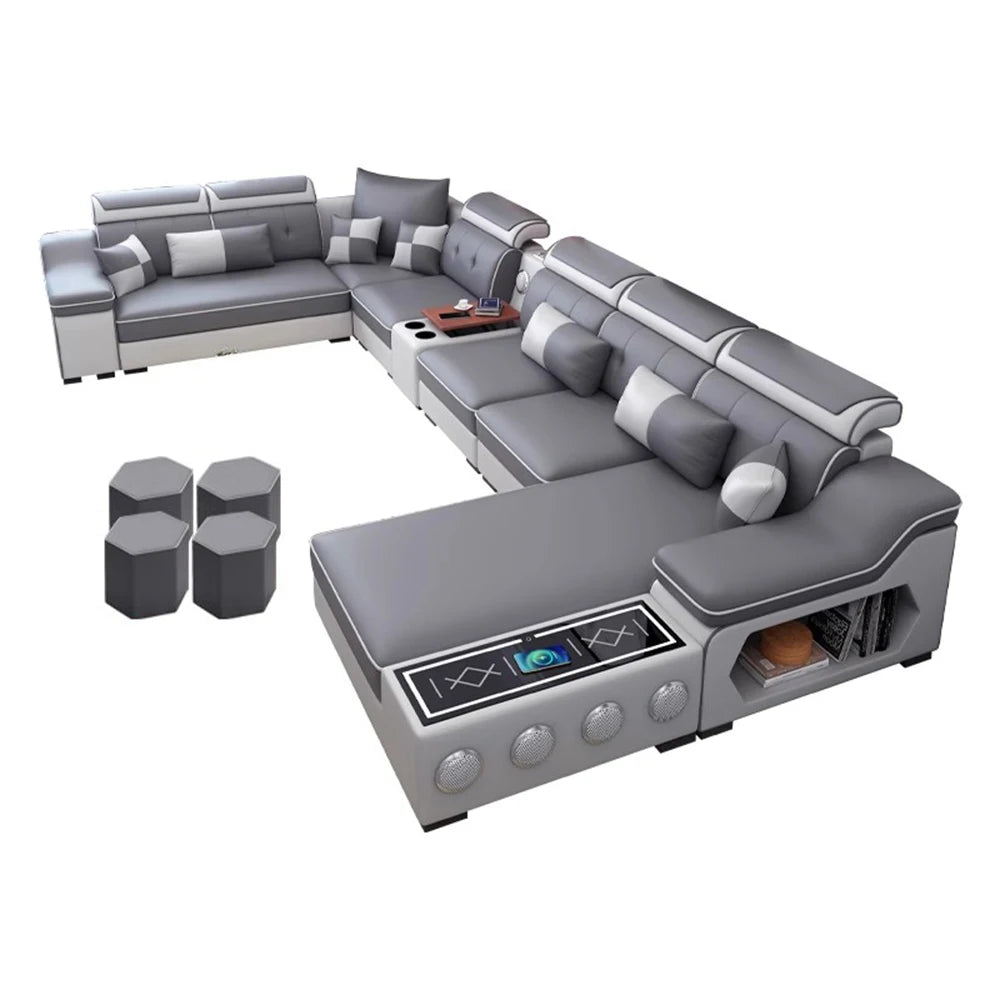 Modern Scientific Fabric Sectional Sofa Set with Chaise Lounge, Bluetooth Speakers, USB Charging Ports for Living Room
