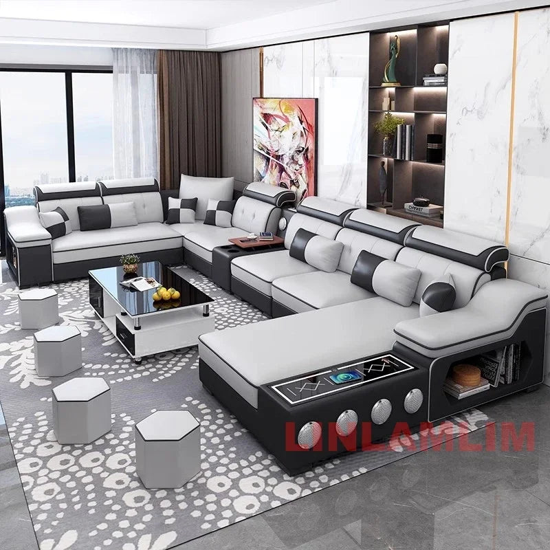 Modern Scientific Fabric Sectional Sofa Set with Chaise Lounge, Bluetooth Speakers, USB Charging Ports for Living Room