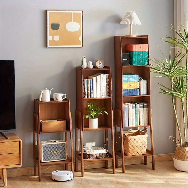 Walnut Colored Bookshelf, Desk Side Cabinet, Floor Standing Storage Cabinet for Living Room, Bedroom & Study - Bamboo Cabinet