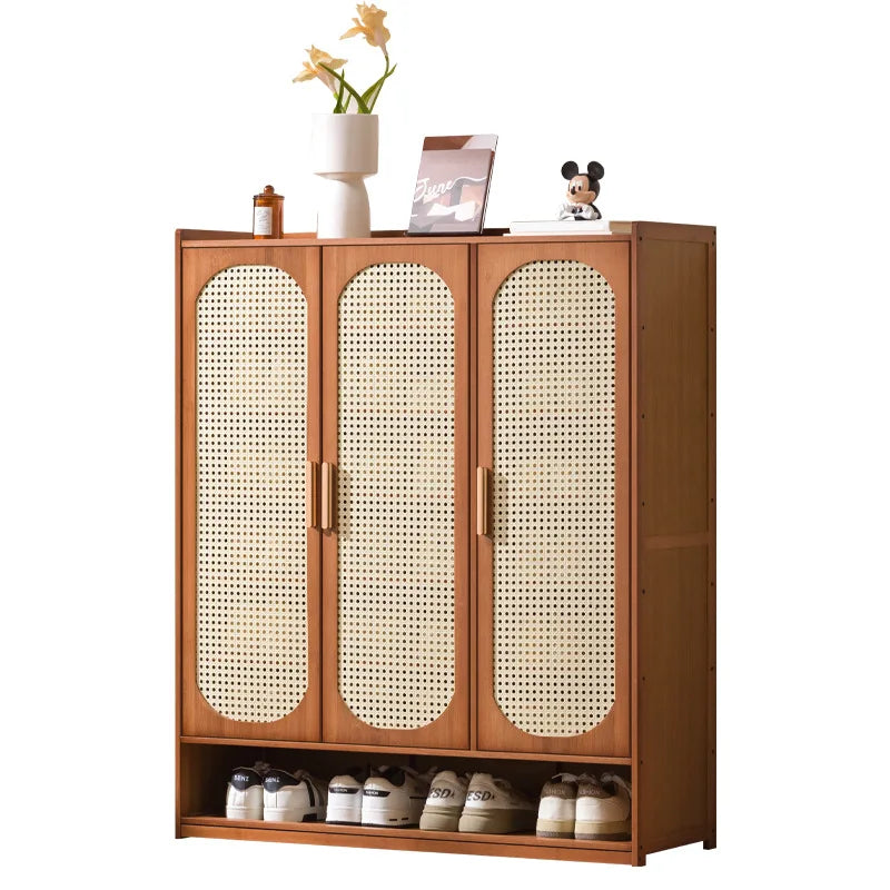 Multi Layer Bamboo Antique Style Shoe Cabinet, Rattan Breathable Shoe Cabinet, Living Room Kitchen Dining Room Storage Cabinet