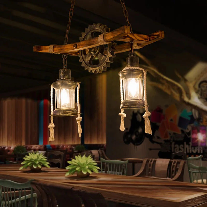 Double Headed Restaurant Vintage Chandelier Retro Cafe Bar Wooden Loft Pendant Lamp Creativity Gear Glass Pendant Light