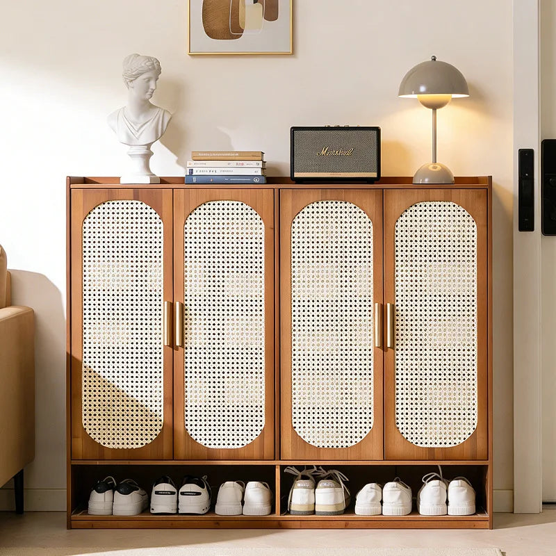 Multi Layer Bamboo Antique Style Shoe Cabinet, Rattan Breathable Shoe Cabinet, Living Room Kitchen Dining Room Storage Cabinet