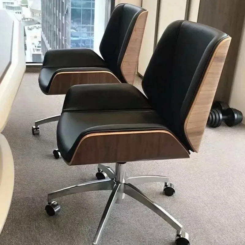 Luxury Leather Office Chair with Solid Wood Accent，Modern Swivel Executive Chair for Home Office Conference Room