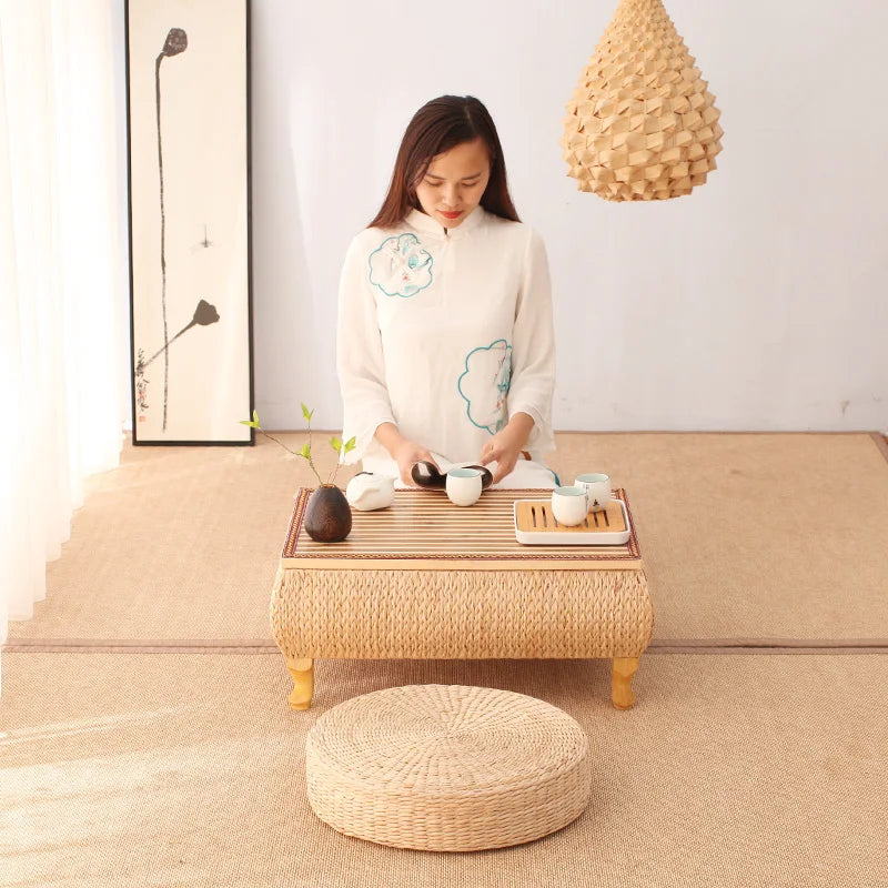 Small Coffee Table with Storage Bamboo and Rattan Tatami Platform Low Table for Living Room Furniture Home Bay Window Balcony