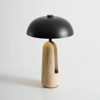 Japanese Mushroom Table Lamp with Travertine or Marble Base, Iron Shade