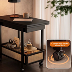 Vintage Bamboo Folding Side Table with Shelf, Rolling Accent Table on Wheels