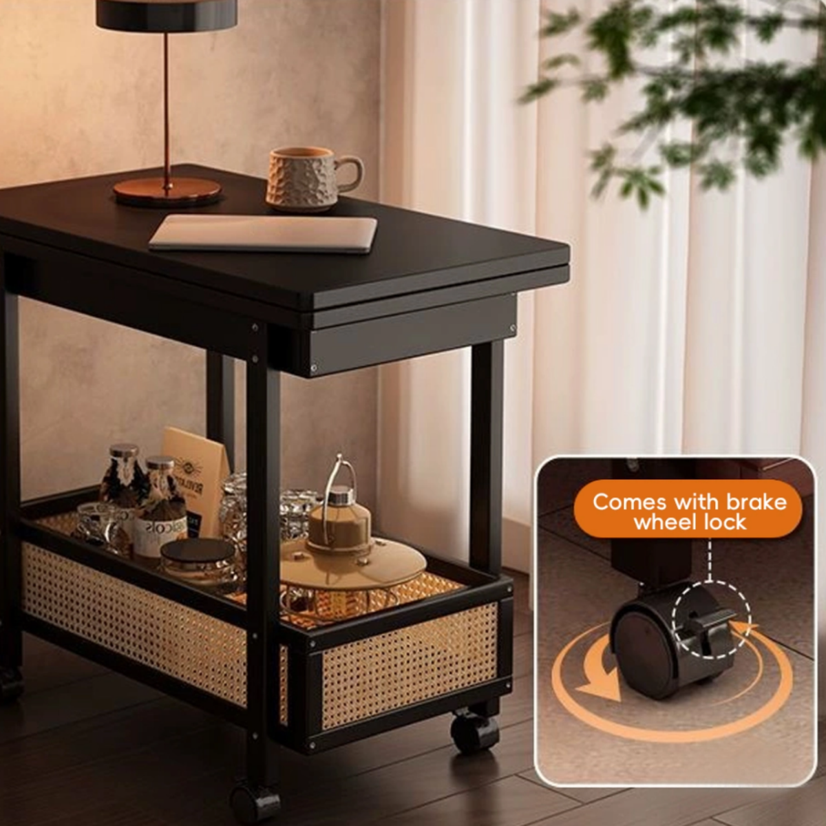Vintage Bamboo Folding Side Table with Shelf, Rolling Accent Table on Wheels