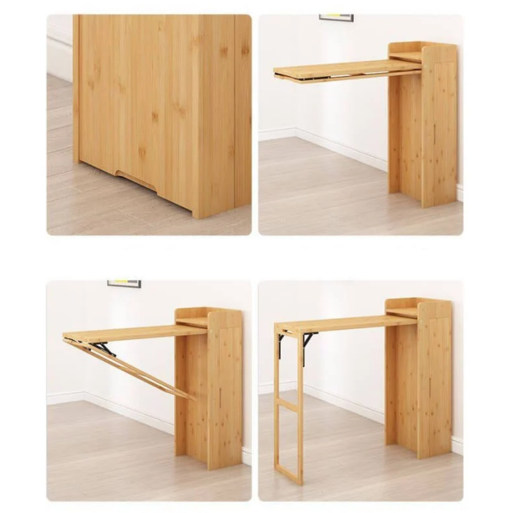 Modern Bamboo Bar Table & Folding Stool Set, Rectangular Space-Saving Dining Furniture
