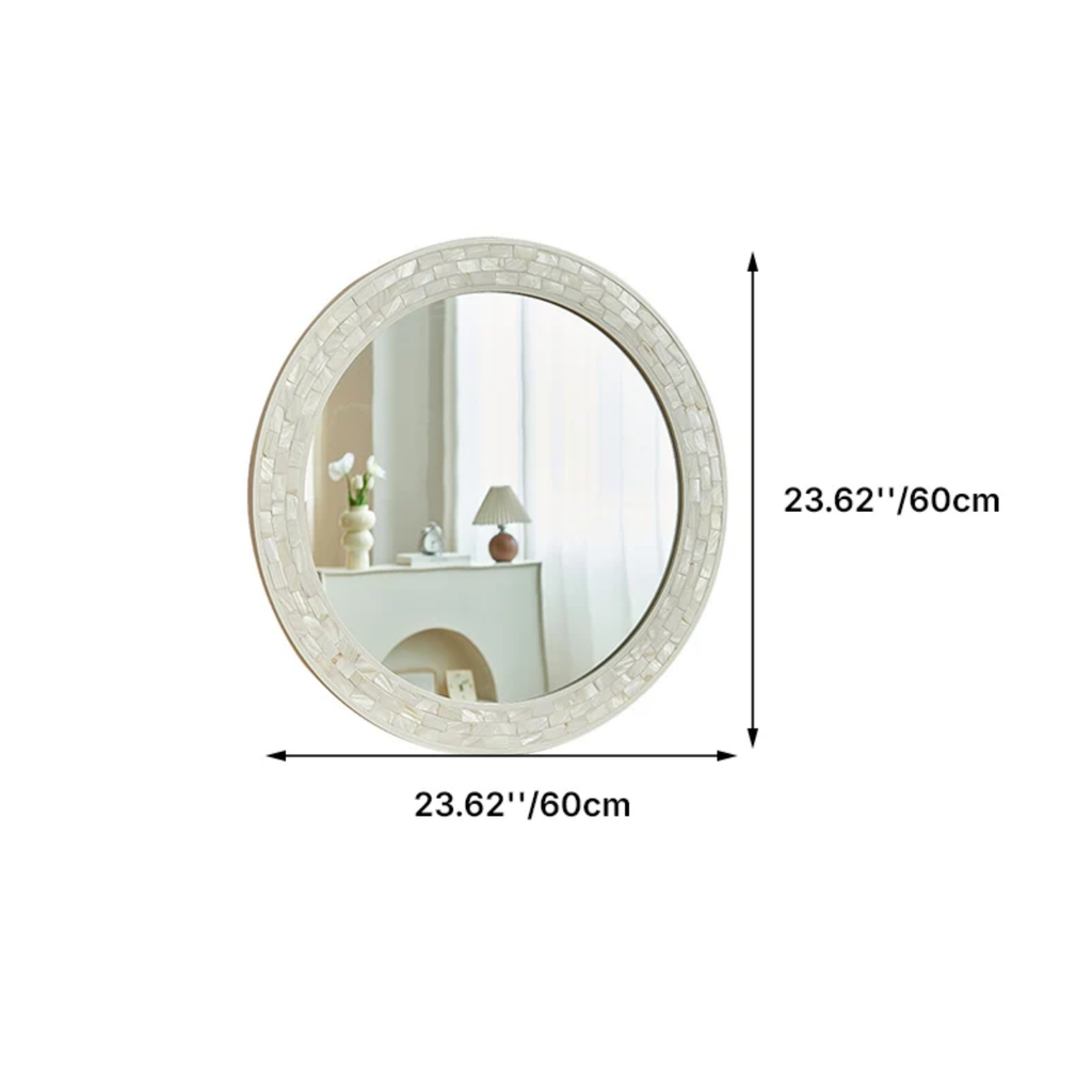 Modern Round Wall Mirror with Shell Frame, Decorative Bathroom Mirror