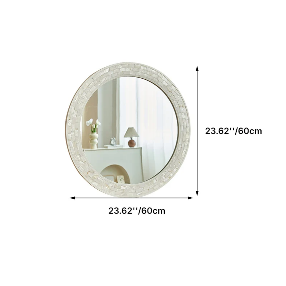 Modern Round Wall Mirror with Shell Frame, Decorative Bathroom Mirror