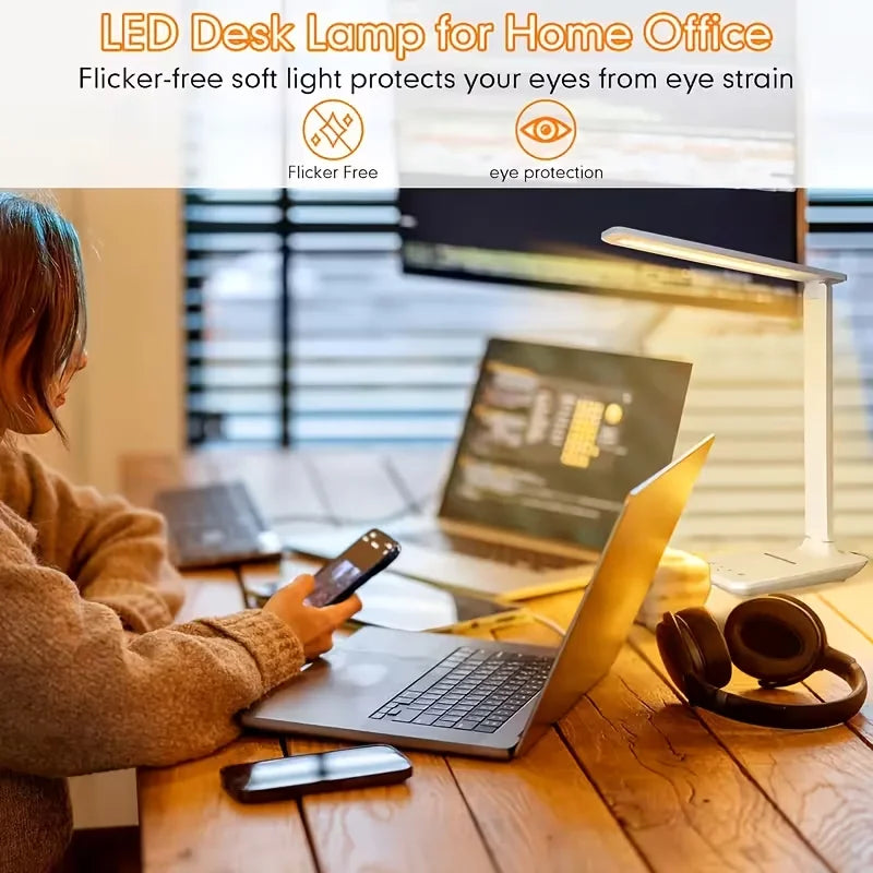 LED Metal Folding USB Desk Lamp, 5-Speed Dimming and Color Adjustment, Touch Reading Light, Eye Protection.