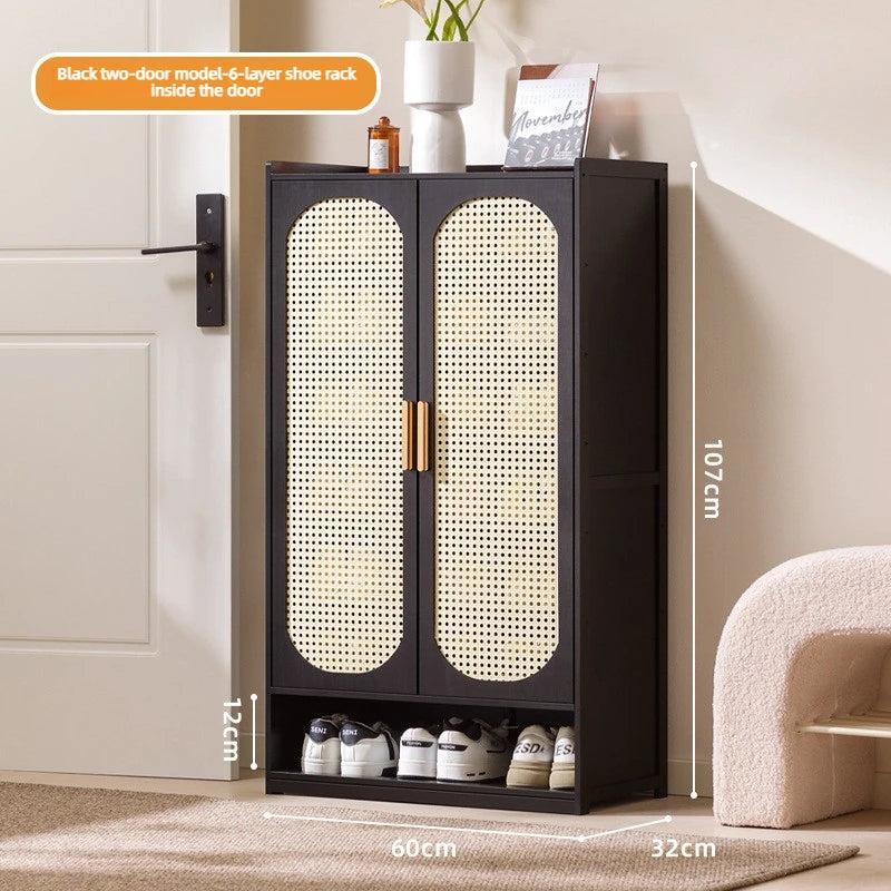 Multi Layer Bamboo Antique Style Shoe Cabinet, Rattan Breathable Shoe Cabinet, Living Room Kitchen Dining Room Storage Cabinet
