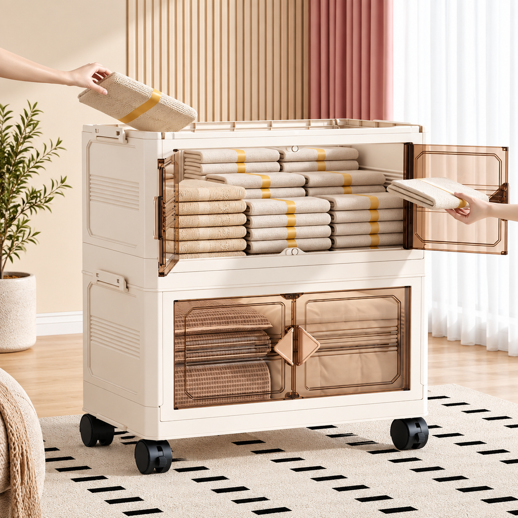 45cm Foldable Plastic Storage Cabinet with Wheels & Multi-Layer Organization